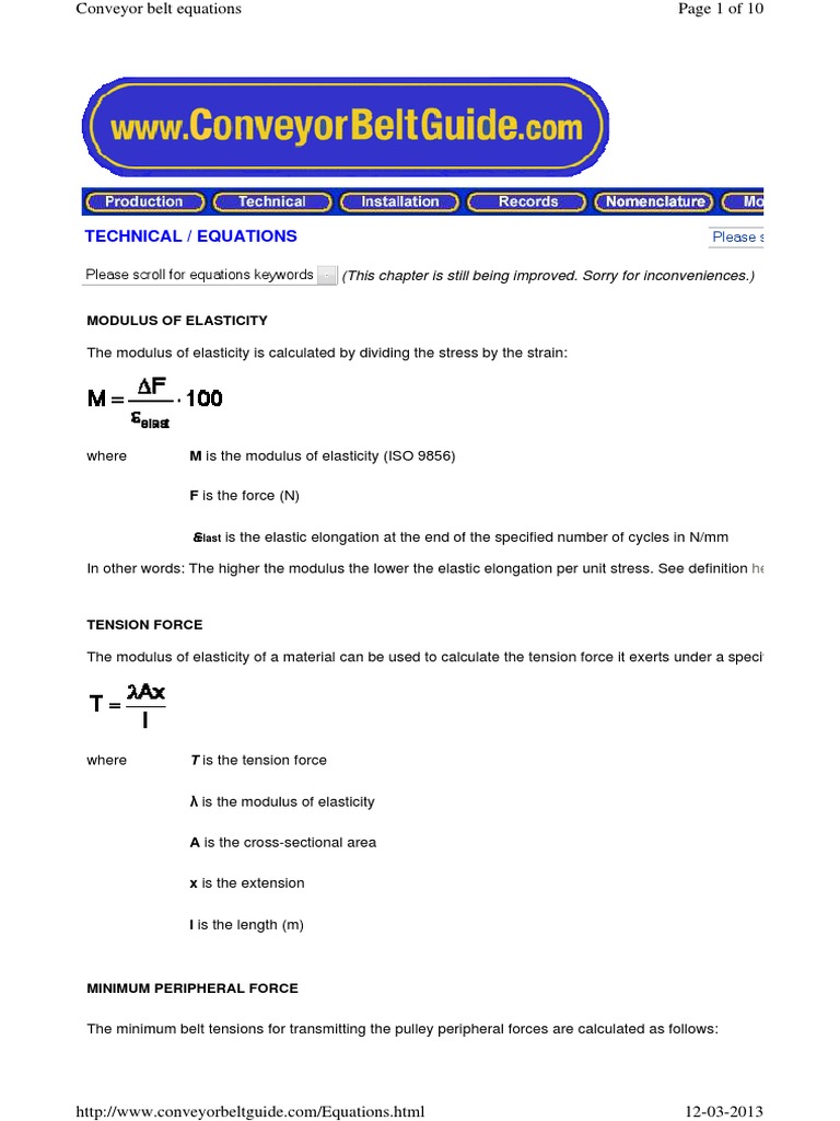 formulas used in conveyor Belt (Mechanical) Elasticity (Physics)