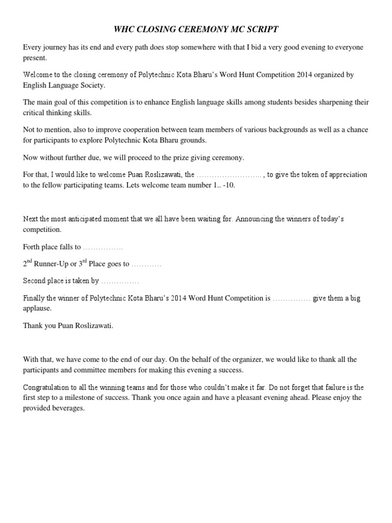 Whc Closing Ceremony Mc Script Pdf