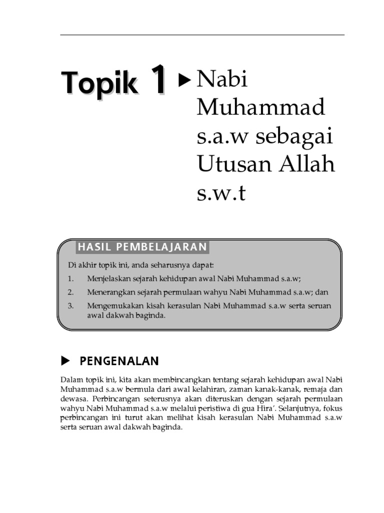 Topik 1 Nabi Muhammad Sawsebagai Utusan Allah Swt Pdf
