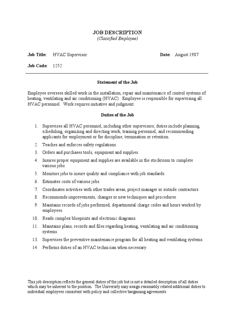 HVAC Supervisor Job Responsiblities Occupational Safety And Health