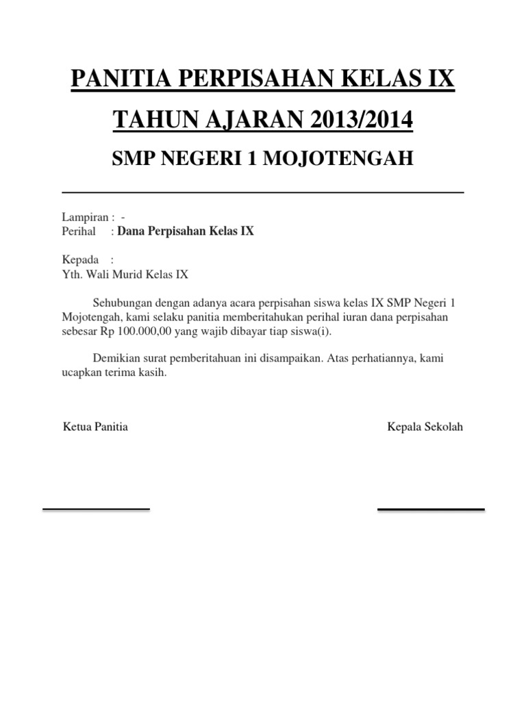 Contoh Surat Pemberitahuan Iuran Kepada Wali Murid Tiffney Info