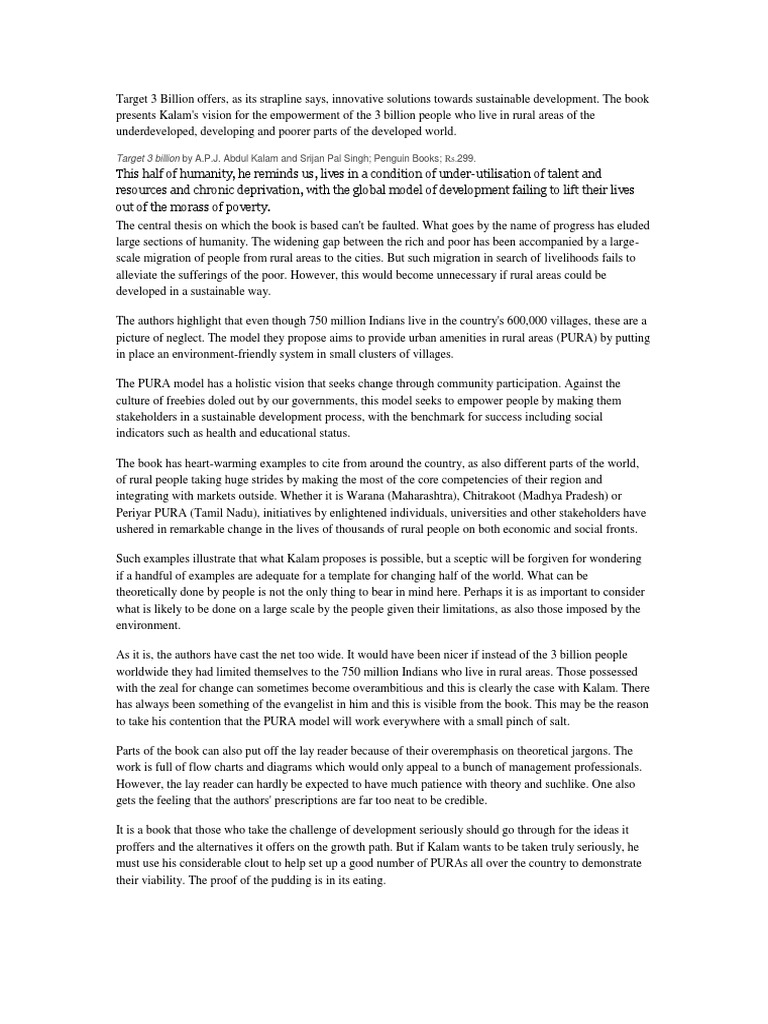 Target 3 Billion book presents Kalam's vision for empowering rural