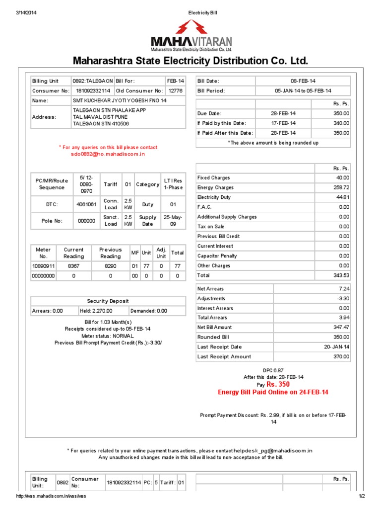 Electricity Bill Pdf Payments Cheque
