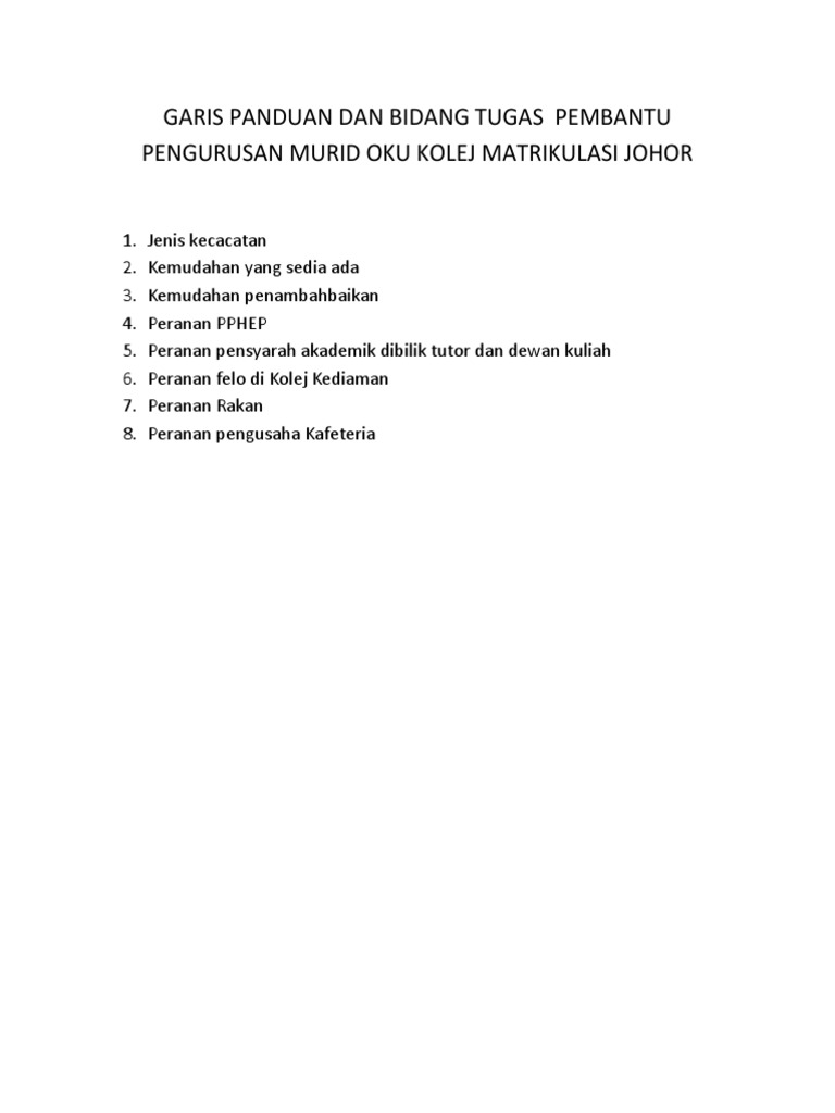 Garis Panduan Dan Bidang Tugas Pembantu Pengurusan Murid Oku Kolej Matrikulasi Johor Pdf