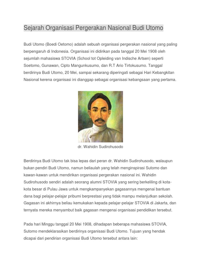 Sejarah Organisasi Pergerakan Nasional Budi Utomo Docx