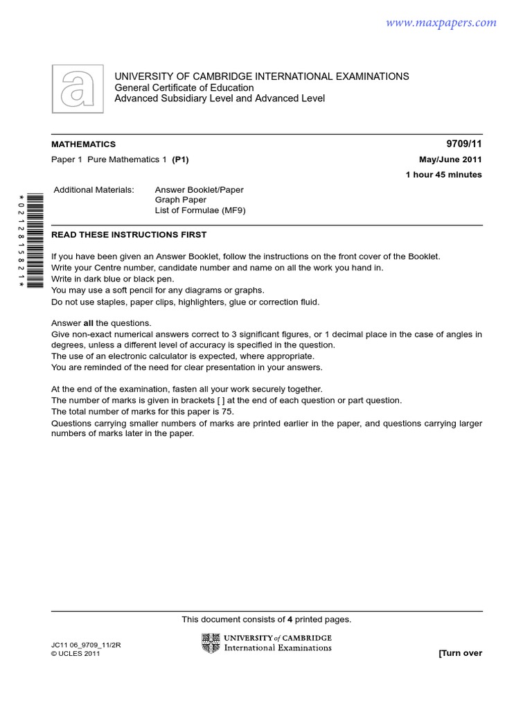 9709 May June 2011 All Question Papers 1  Trigonometric 