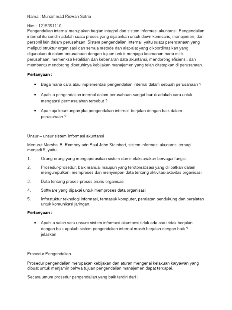 Pertanyaan Pengendalian Internal