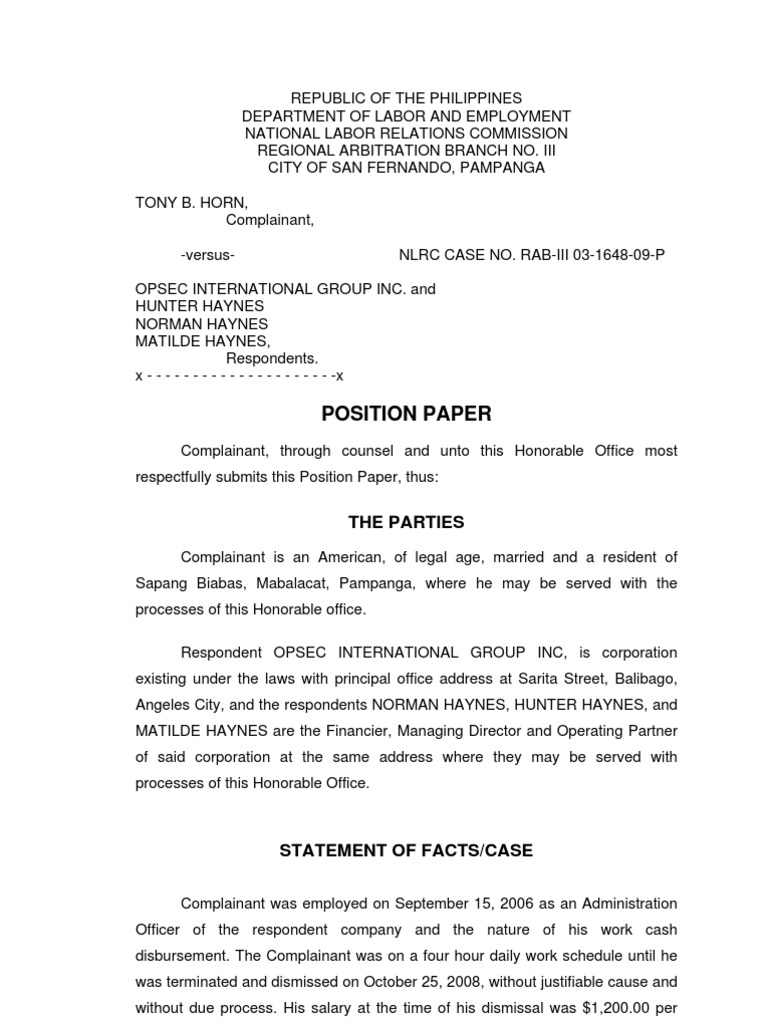Horn Complainant Position Paper 1 Overtime Workweek And Weekend