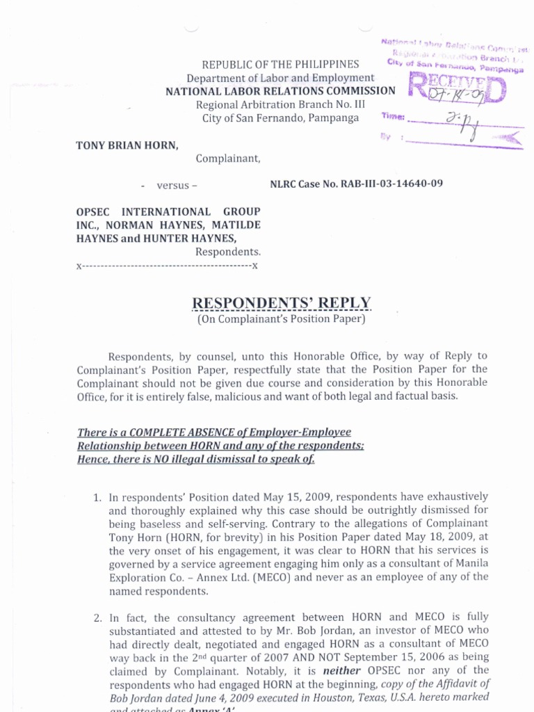 Respondents' Reply in Labor Case NLRC RAB-111 | PDF | Overtime ...