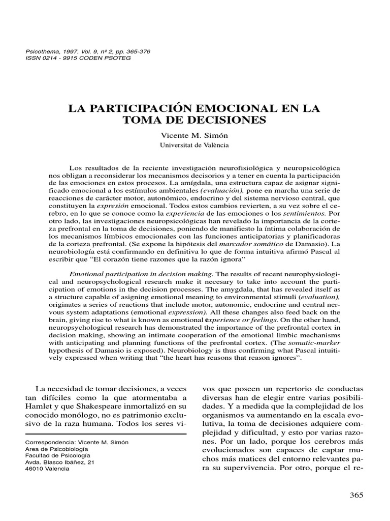 Toma de Decisiones y Emociones | PDF | Amígdala | Las emociones