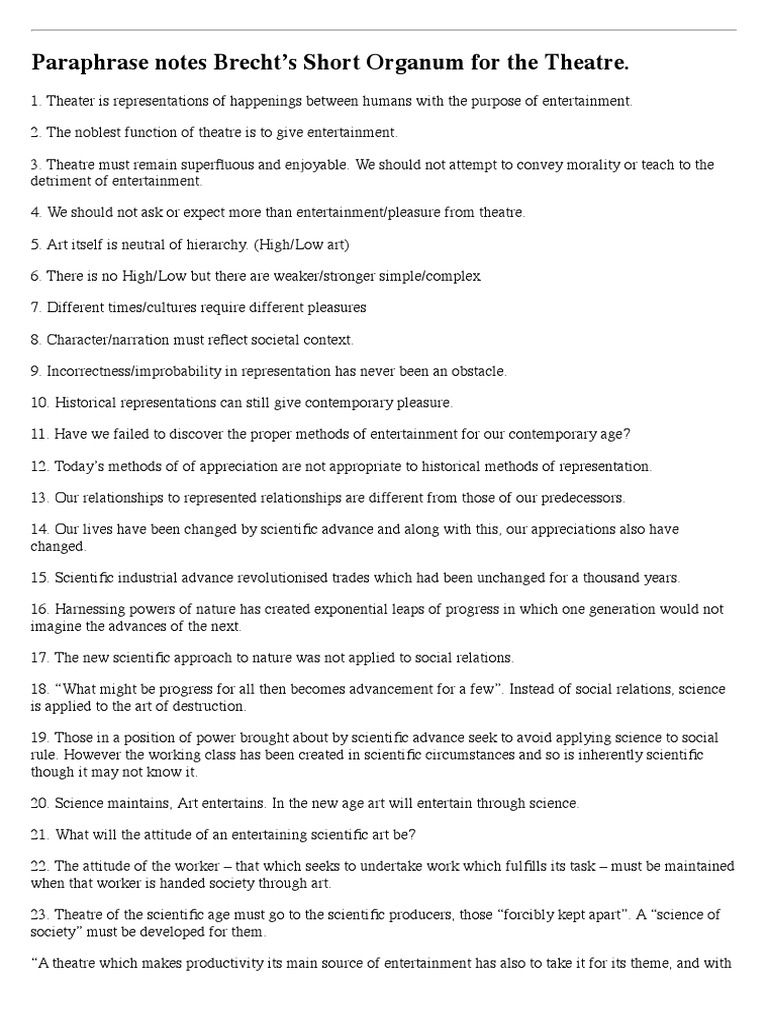 BRECHT, Paraphrase Notes On Short Organum For The Theatre PDF