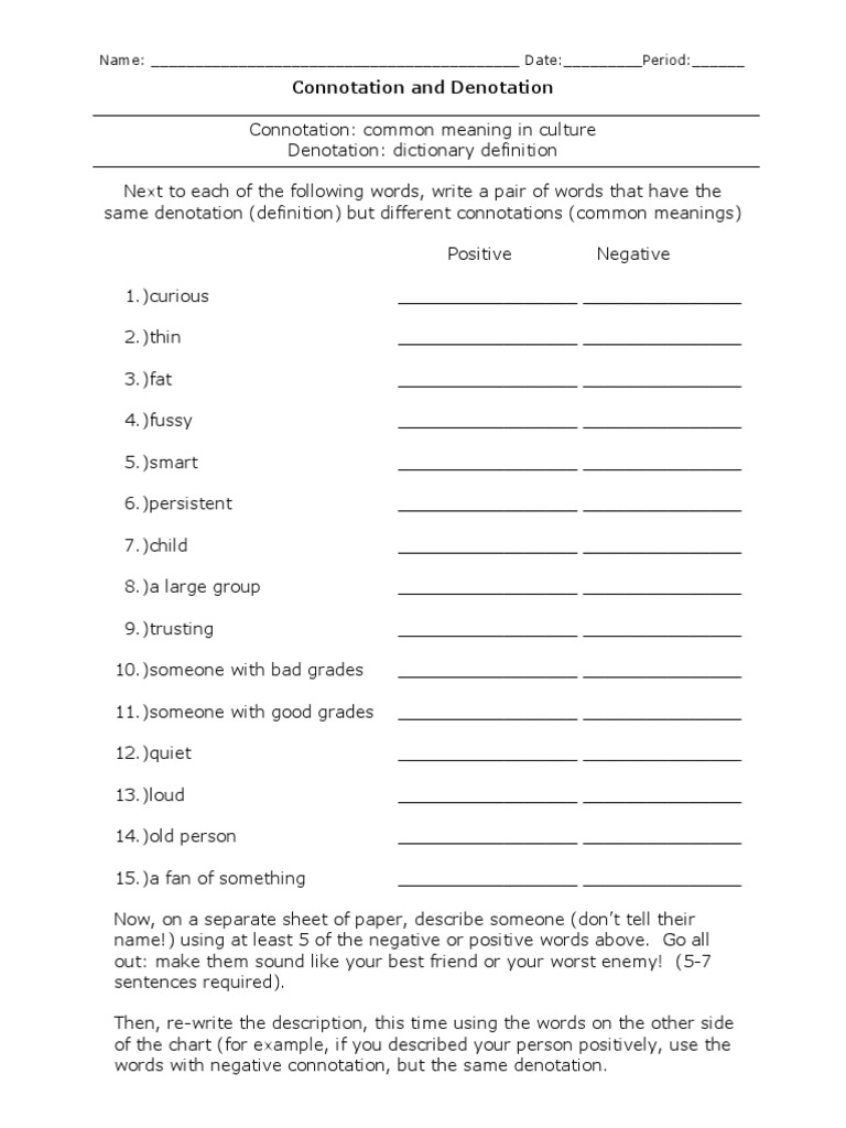 Denotation and Connotation Worksheet | PDF | Foreign Language Studies