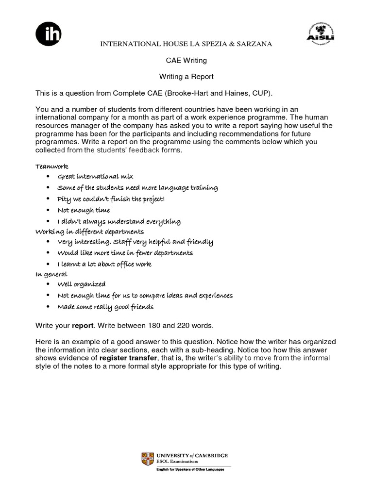 Cae Writing Report On A Work Experience Placement  PDF  Applied