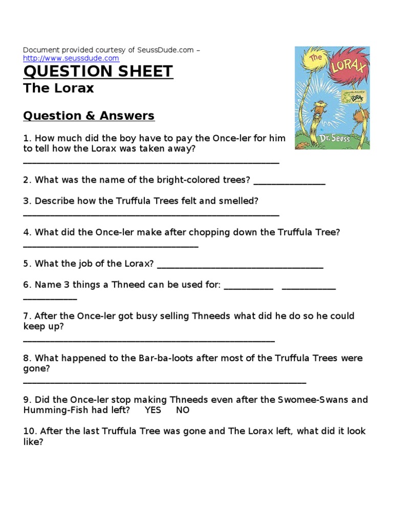 Printables The Lorax Worksheet Answers the lorax by dr seuss worksheet answers davezan lesson plan