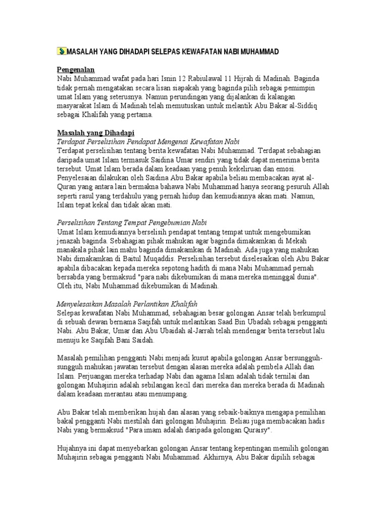 Masalah Yang Dihadapi Selepas Kewafatan Nabi Muhammad Pdf