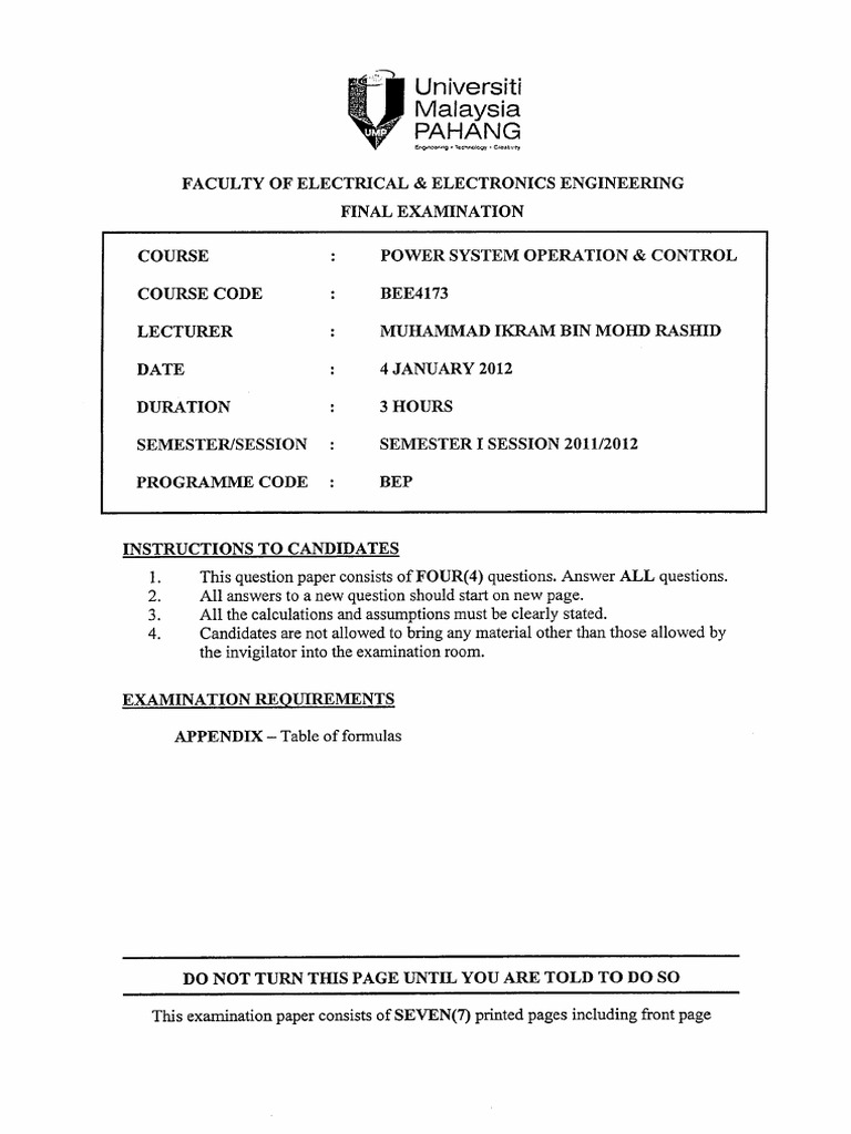 Bee4173 Power System Operation & Control PDF Trigonometric