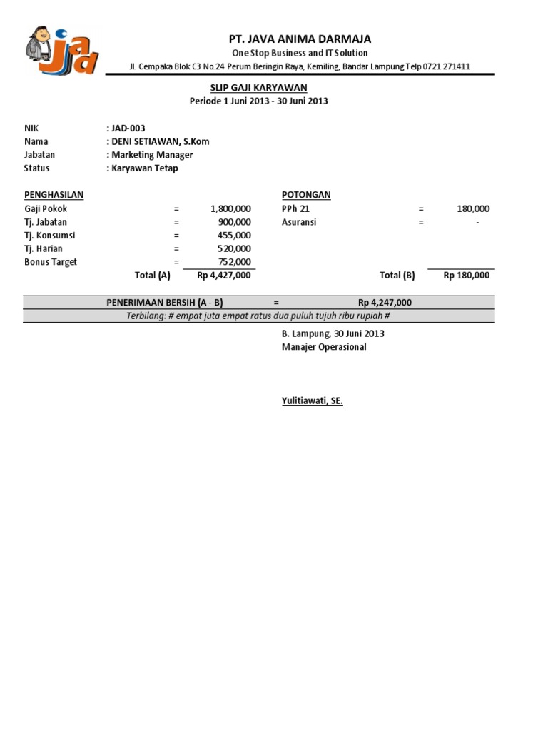 Contoh Slip Gaji Karyawan Format Ms Excel