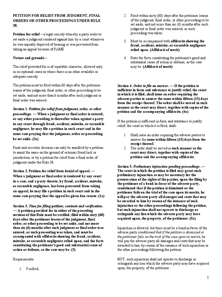 Rule 38 PETITION FOR RELIEF FROM JUDGMENT Civil Law Law) Legal Procedure