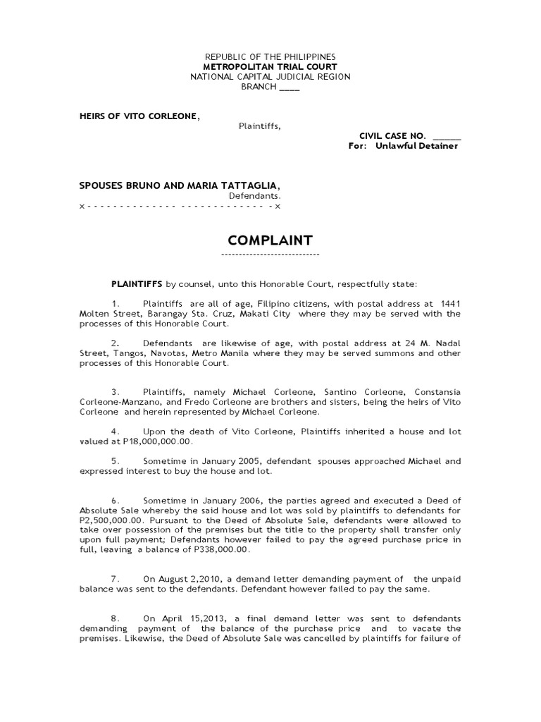 Sample Answer Unlawful Detainer Lawsuit Complaint