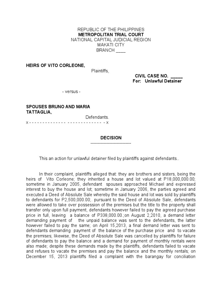 Sample MTC Decision Unlawful Detainer Eviction Complaint