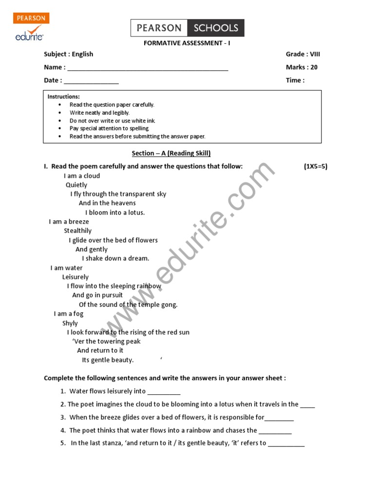 Class 8 Cbse English Question Paper Fa 1 Linguistics Grammar