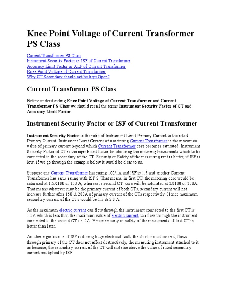 Knee Point Voltage of Current Transformer PS Class Transformer