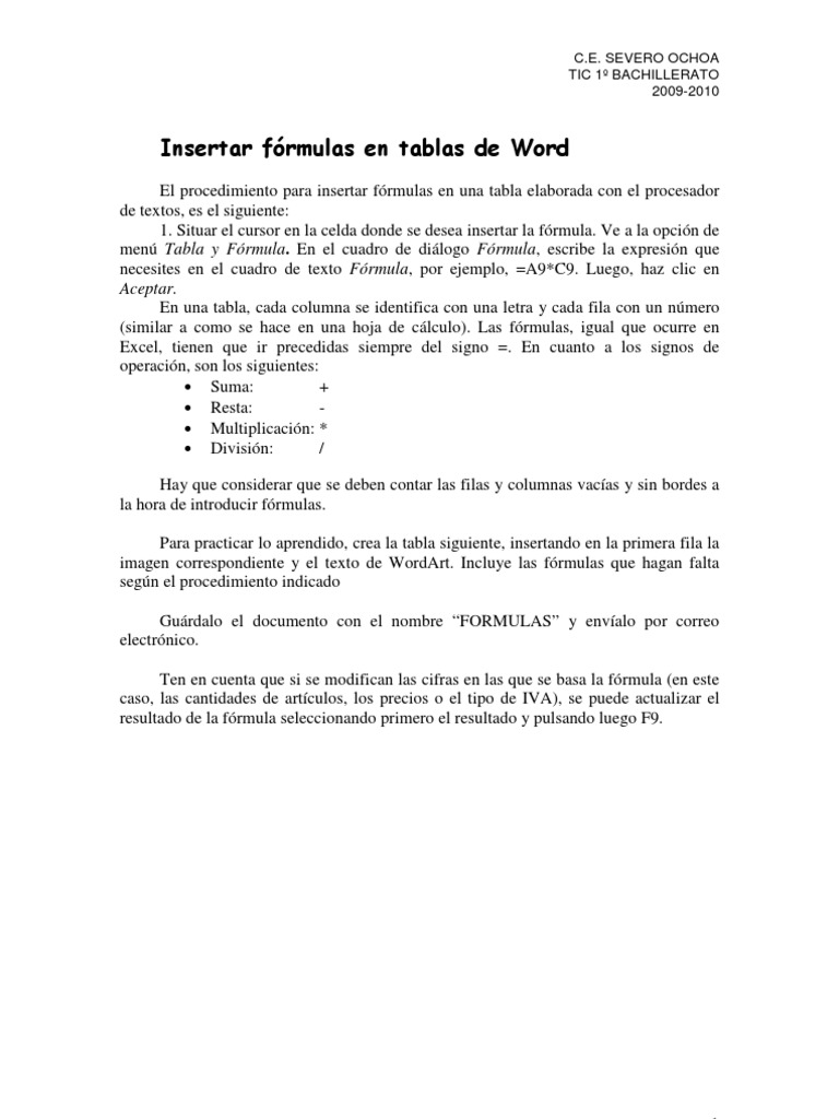 Insertar Fórmulas en Tablas de Word PDF Informática Enseñanza de