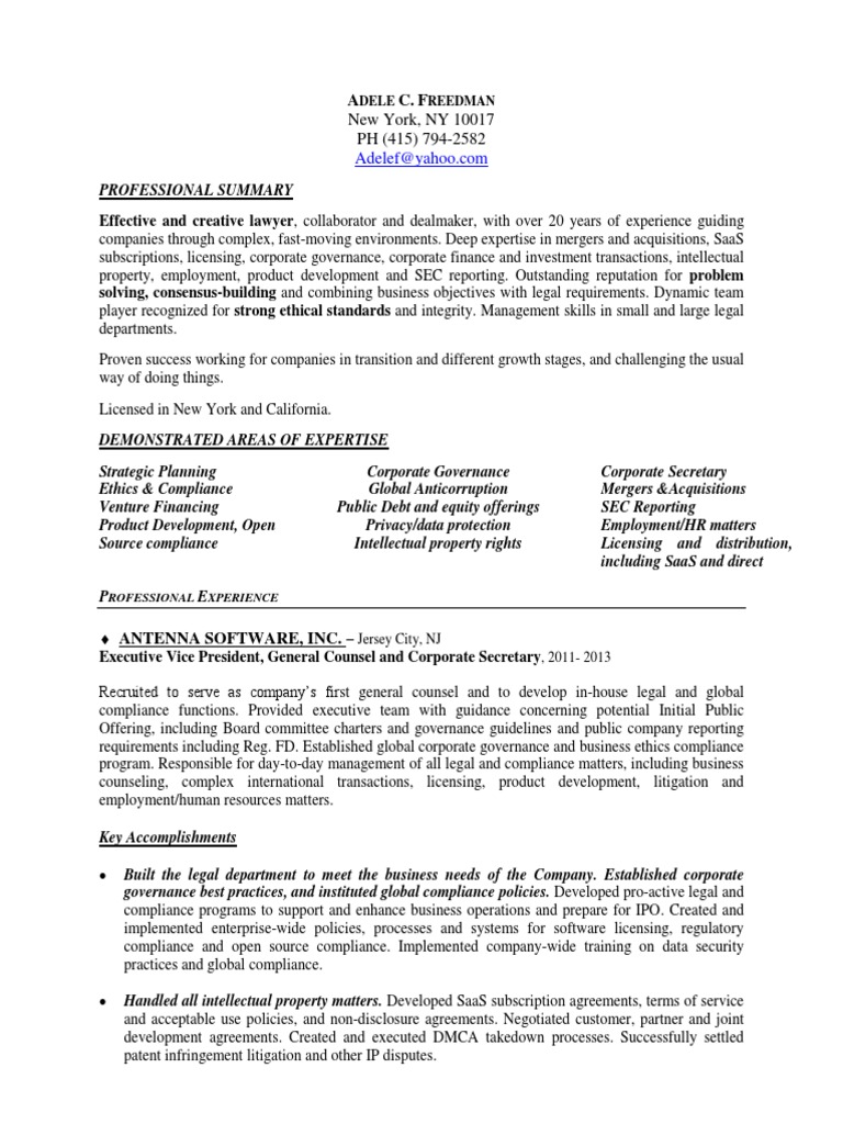 General Counsel in New York NY Resume Adele Freedman General Counsel