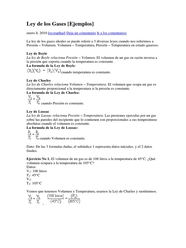Hoja De Trabajo Sobre La Ley De Los Gases Ideales EJERCICIOS LEYES DE