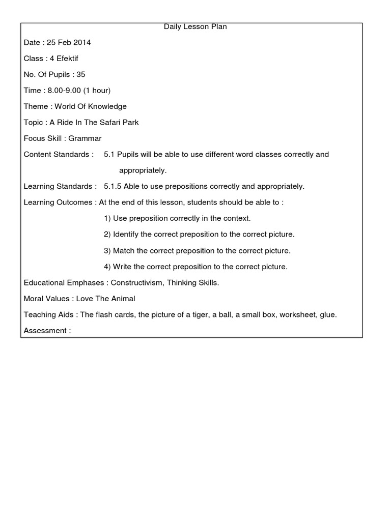 Daily Lesson Plan KSSR Year 4 2014 (Grammar) | PDF | Lesson Plan ...