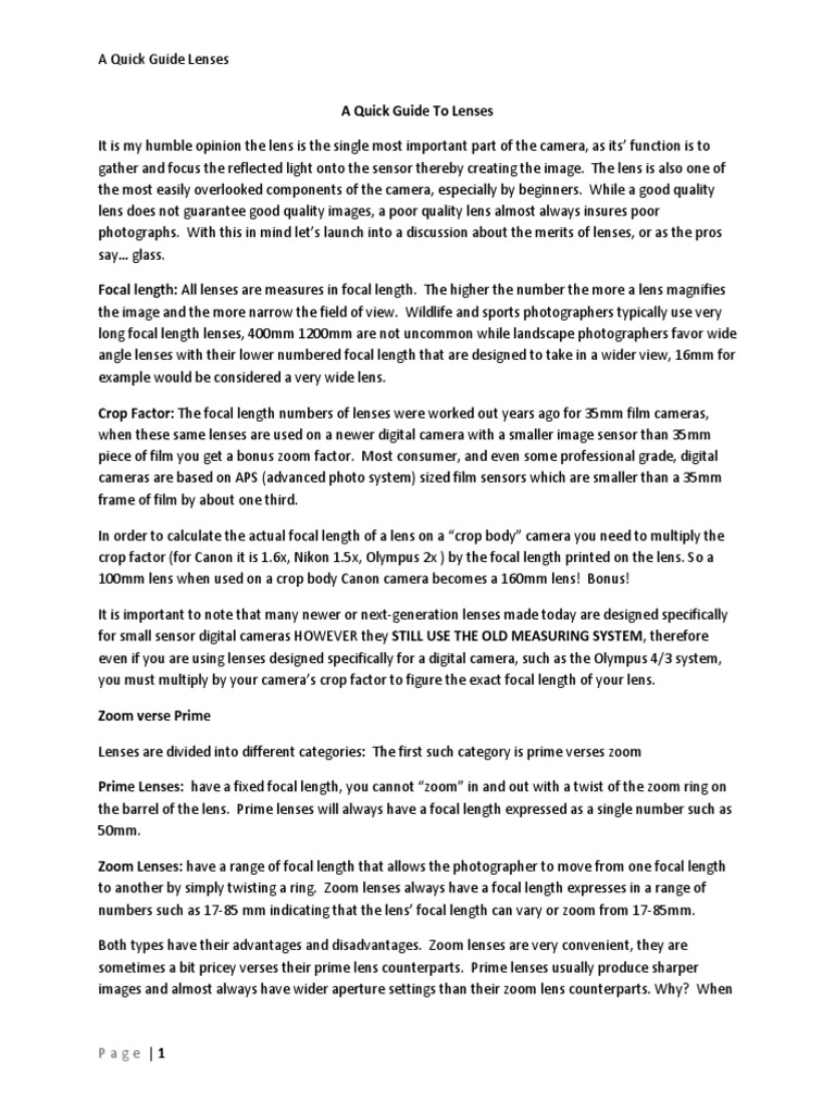 A Quick Guide To Lenses PDF Camera Lens Zoom Lens