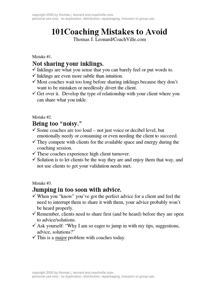 101 Coaching Mistakes Pdf Psychotherapy Risk