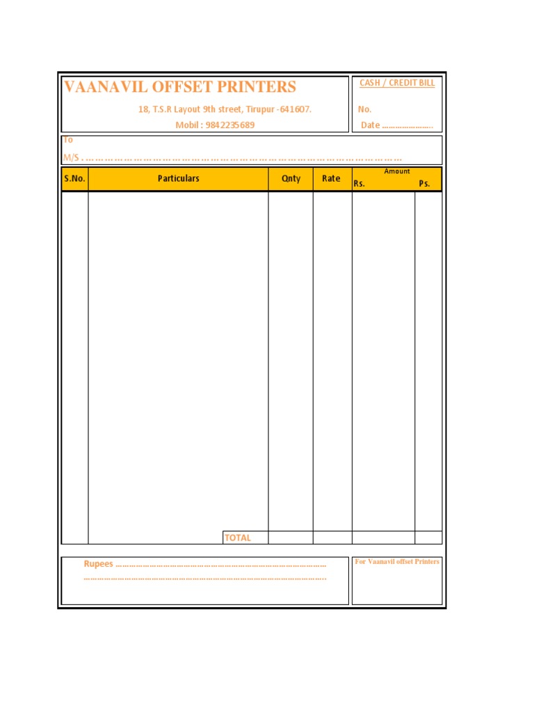 Vaanavil Offset Printers Bill Format | PDF