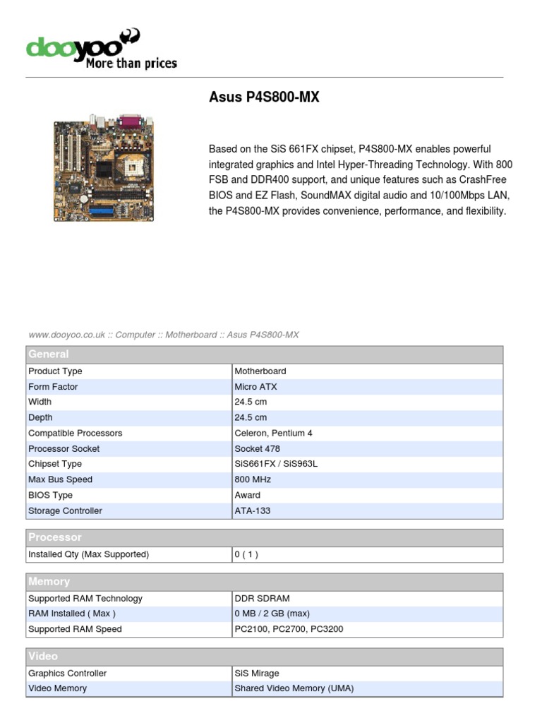 Carte Mère ASUS P4S800-MX REV 2.00 Socket 478 - Occasion Testée Fonctionnelle