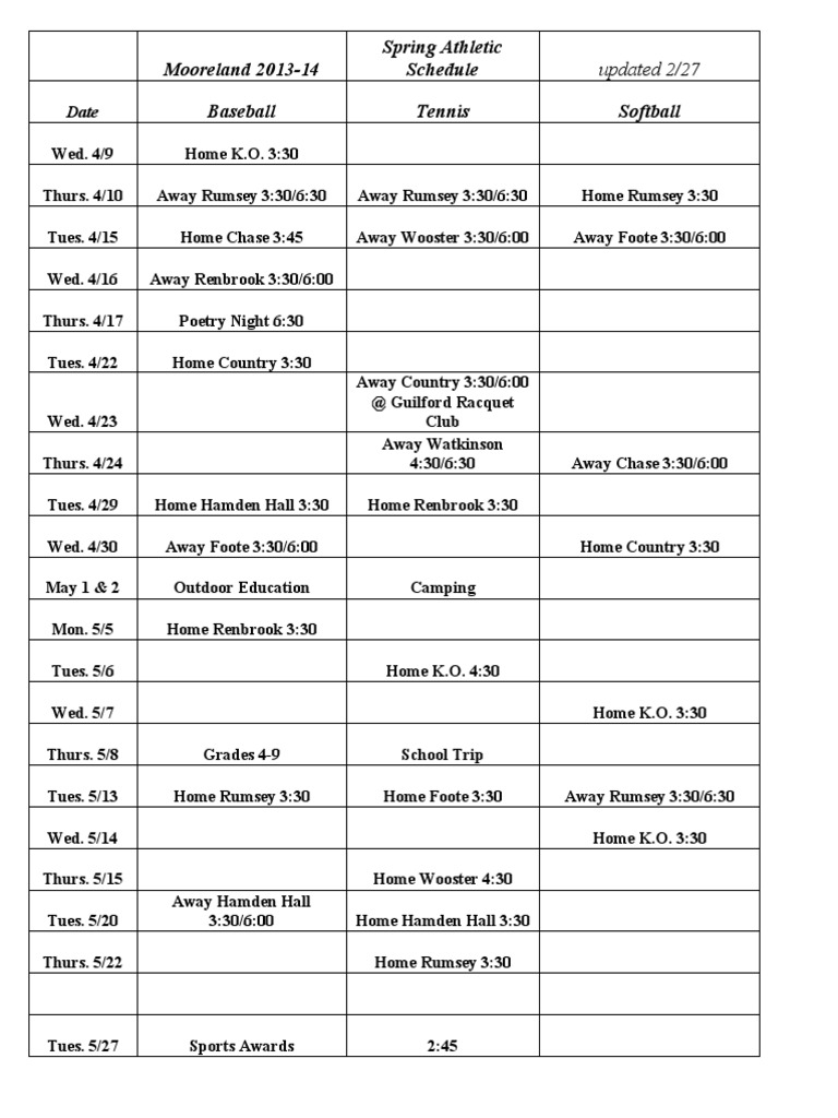 Spring'14 Athletic Schedule | PDF