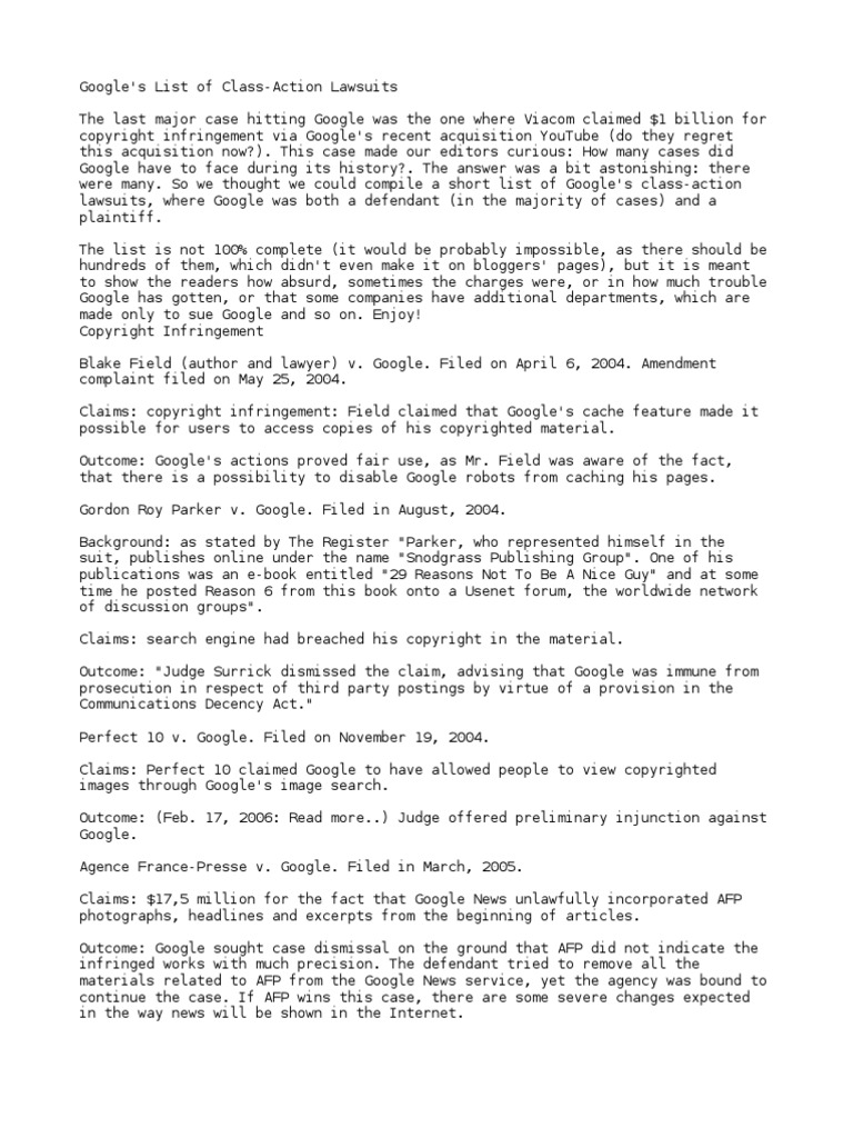 Google's List of ClassAction Lawsuits PDF Ad Sense You Tube