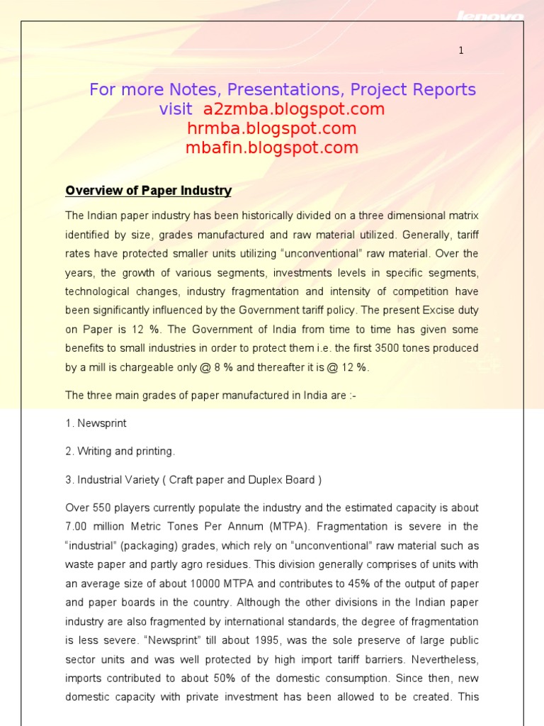 Paper Industry Project Report PDF Recycling Paper