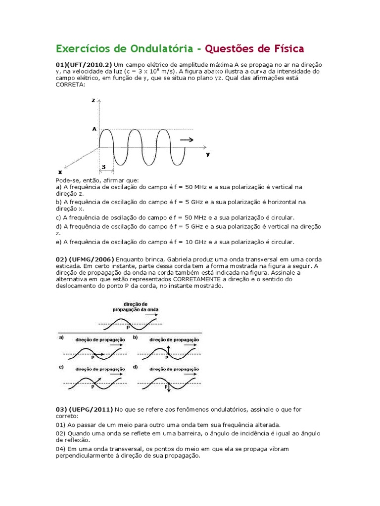 Questões sobre Ondas e Ondulatória com Soluções | PDF | Ondas ...