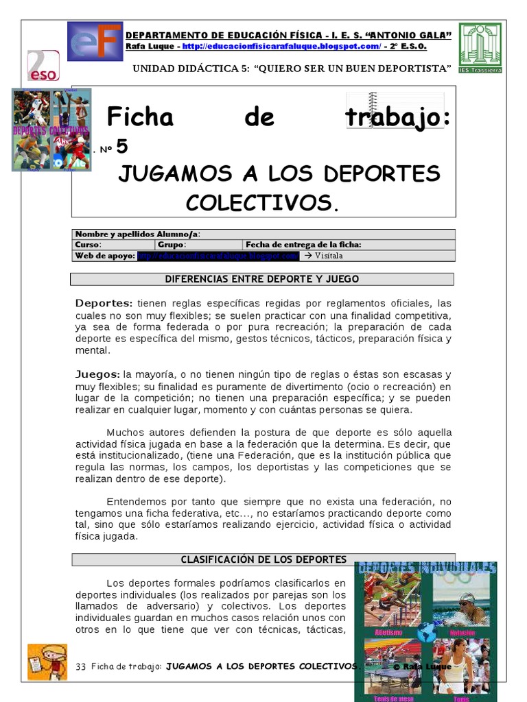 Ficha de Trabajo: Deportes Colectivos | PDF | Deportes | Defensor ...