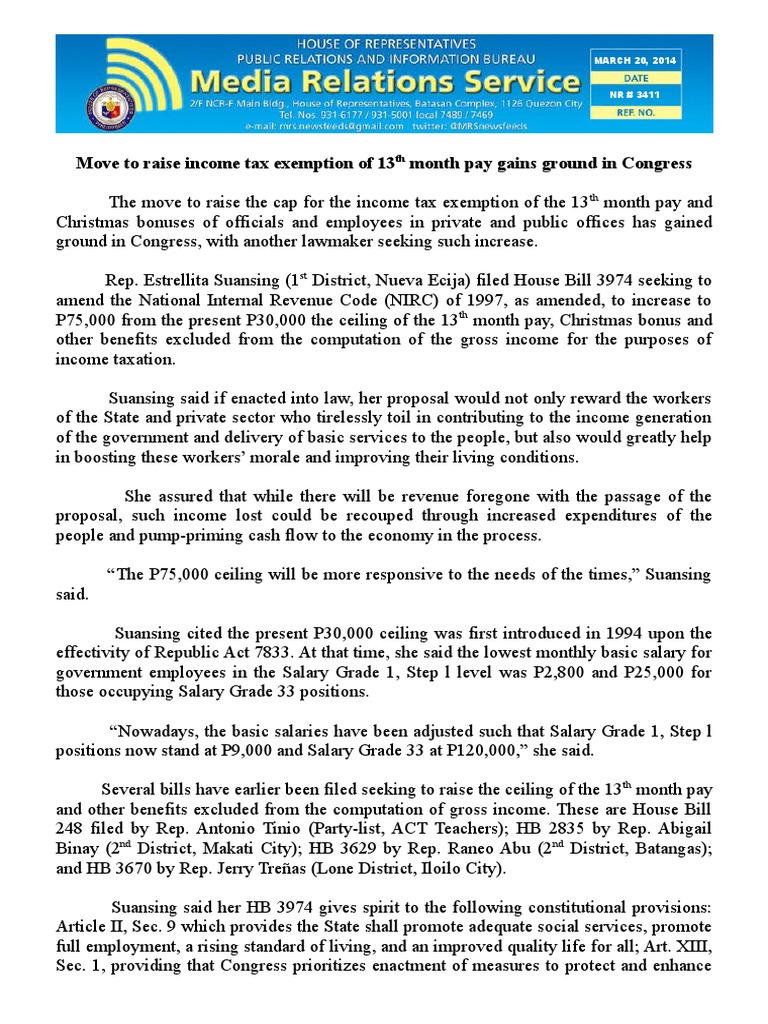 March20 2014move To Raise Income Tax Exemption Of 13th Month