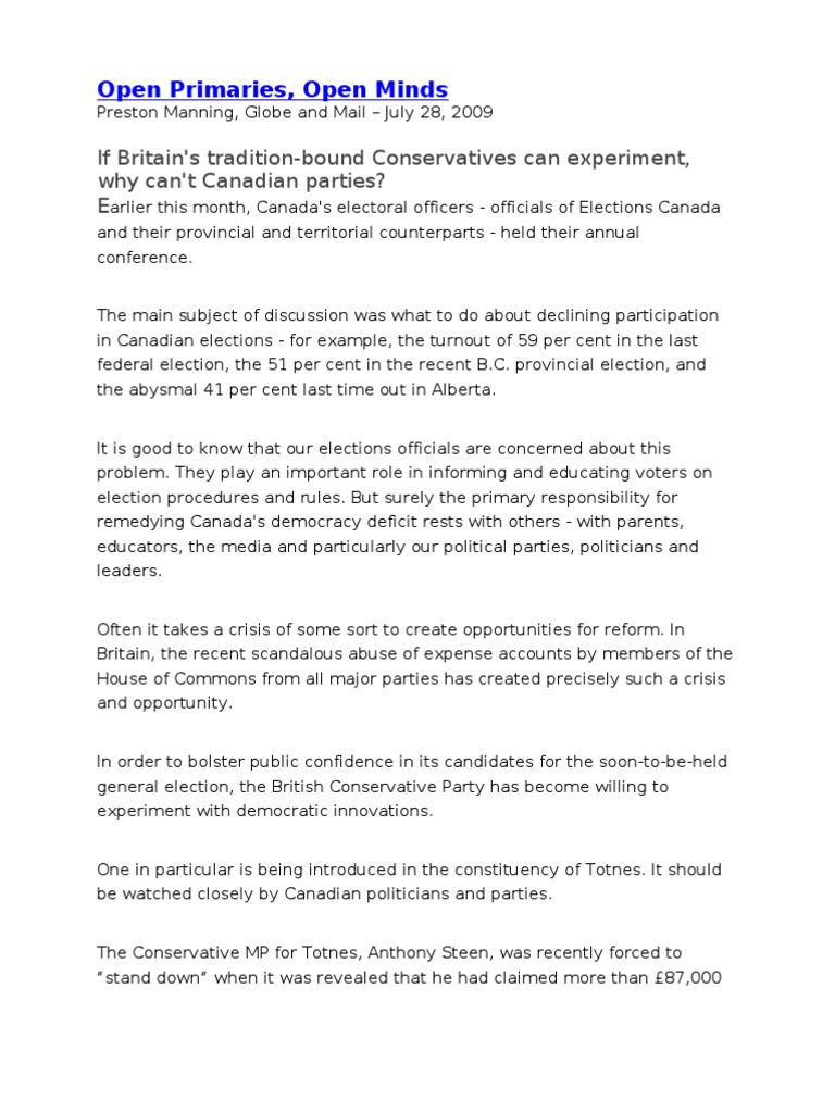 Open Primaries: A Path for Canadian Reform | PDF | Primary Election ...