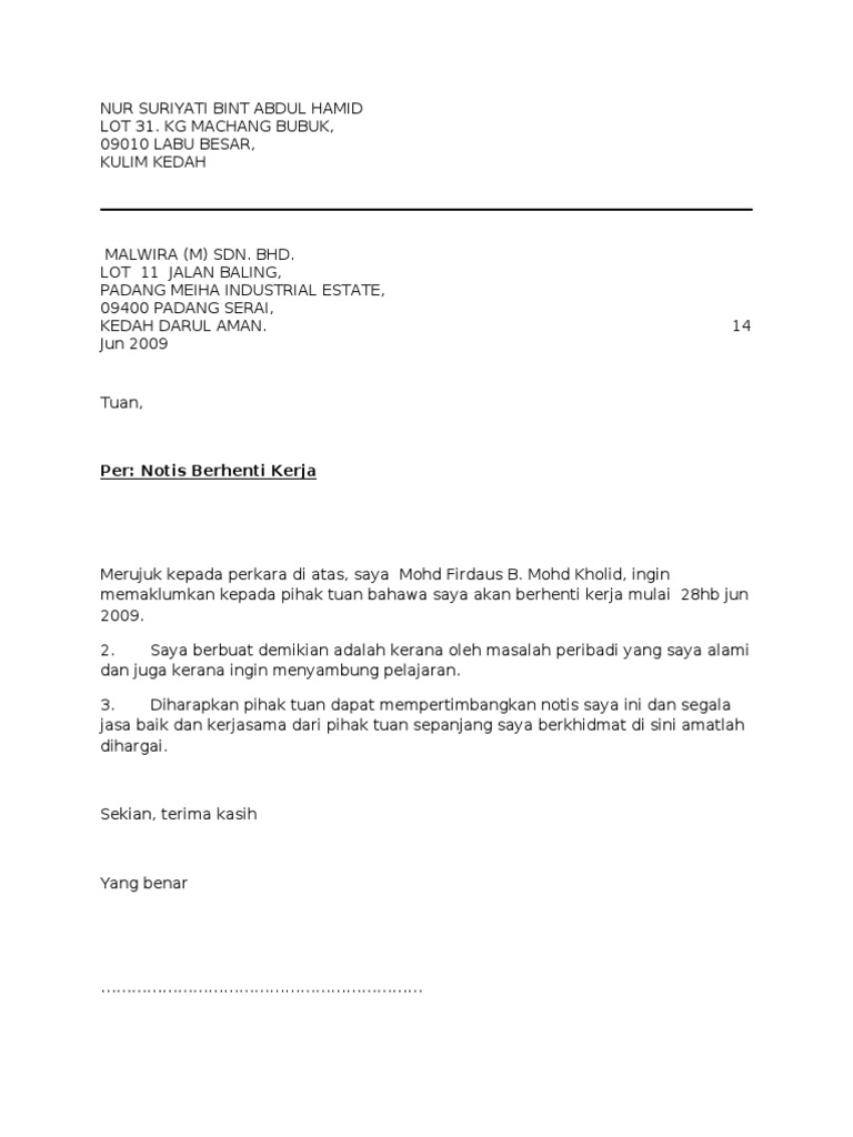 Contoh Surat Berhenti Kerja Sebab Dapat Kerja Lain