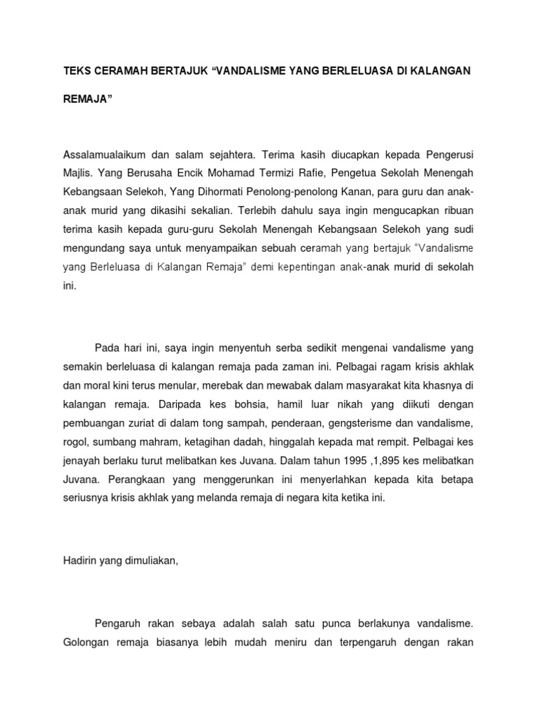 Teks Ceramah Sosial Bertajuk Vandalisme Yang Berleluasa Di Kalangan Remaja Pdf