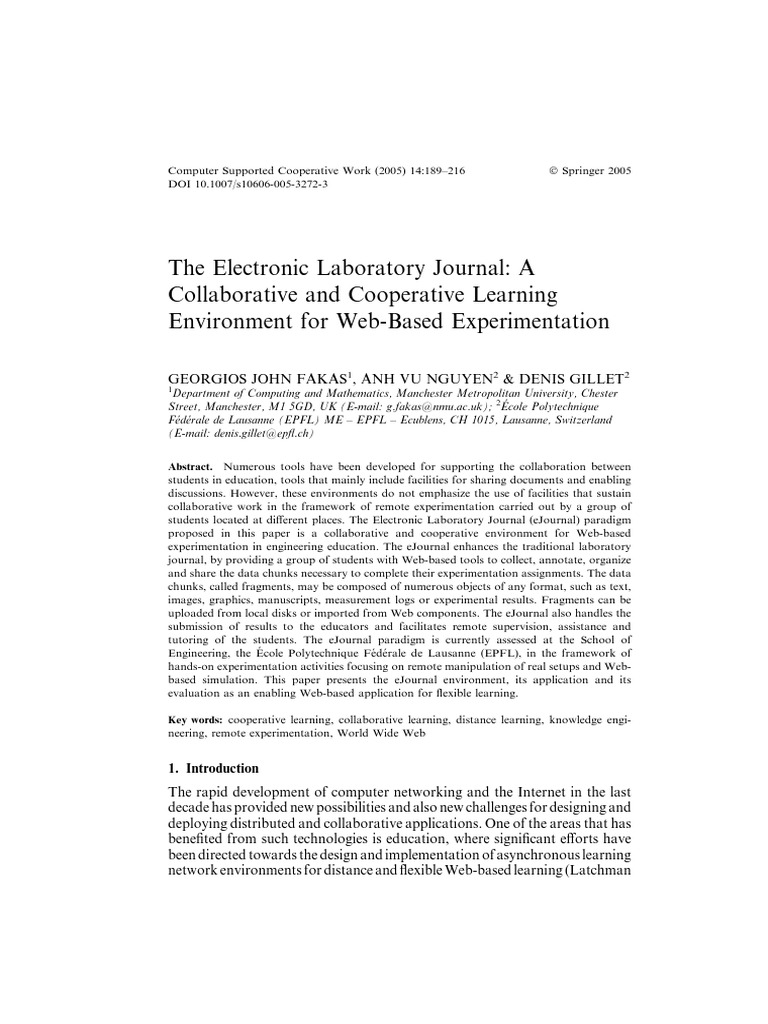 The Electronic Laboratory Journal: A Collaborative and Cooperative ...