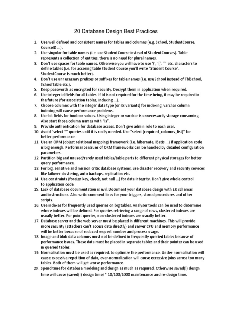 20 Database Design Best Practices | PDF
