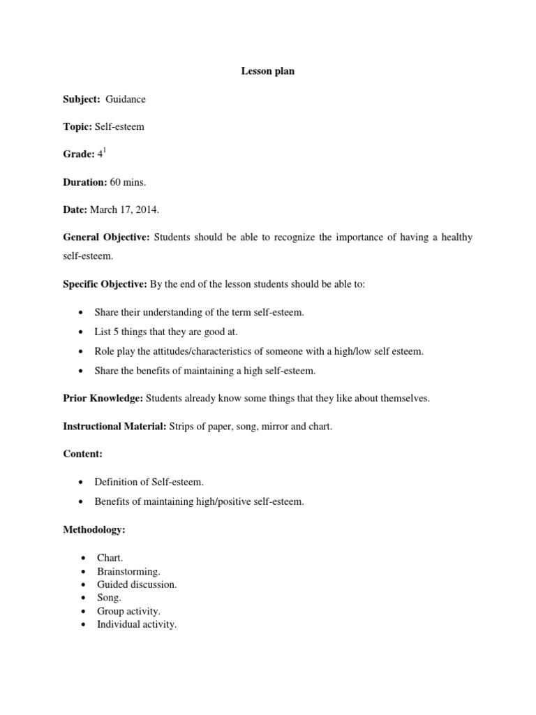 Self Esteem Lesson Plan Self Esteem Lesson Plan
