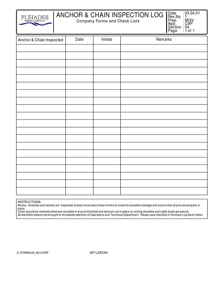 Anchor & Chain Inspection Log | PDF | Business | Computers