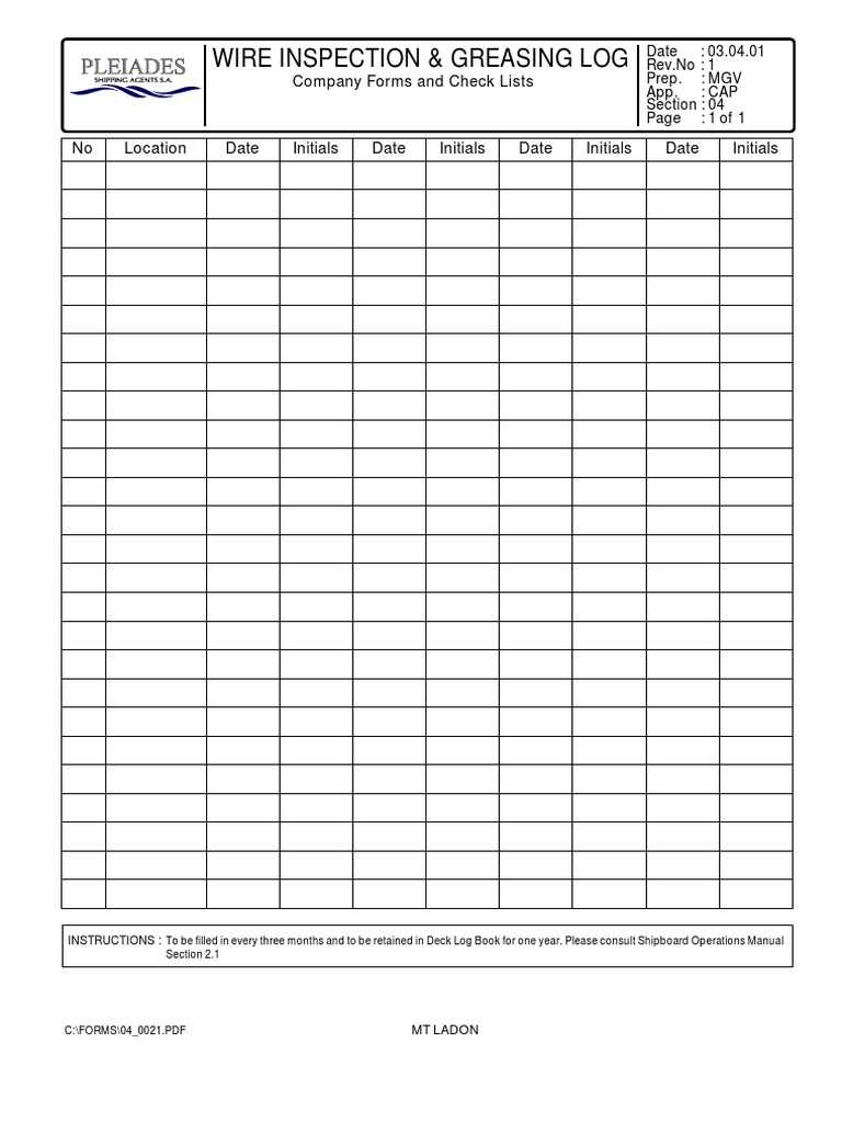 Wire Inspection & Greasing Log | PDF