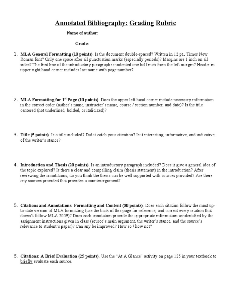 Rubric for annotated bibliography image