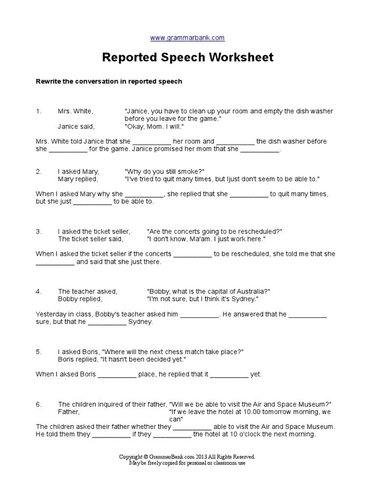 Reported Speech Worksheet | PDF